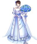  1girl artist_request bangs bare_shoulders blue_eyes breasts bride brown_hair closed_mouth collarbone dress fire_emblem fire_emblem:_souen_no_kiseki fire_emblem_heroes flower full_body hair_ornament halterneck hand_on_own_chest hand_up highres holding lips looking_at_viewer medium_breasts official_art shiny shiny_hair short_hair solo standing tanith transparent_background wedding_dress white_dress 