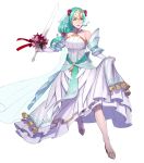  1girl aqua_eyes aqua_hair bare_shoulders bridal_veil bride collarbone dress feather_trim fire_emblem fire_emblem:_souen_no_kiseki fire_emblem_heroes flower full_body hair_ornament headpiece high_heels highres holding holding_sword holding_weapon long_hair looking_away official_art open_mouth pikomaro shiny shiny_hair sigrun skirt_hold solo sword transparent_background veil weapon wedding_dress white_dress 