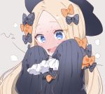  1girl abigail_williams_(fate/grand_order) bangs black_bow black_headwear blonde_hair blue_eyes blush bow commentary_request fate/grand_order fate_(series) full-face_blush hair_bow long_hair manami_(fearfac666) open_mouth orange_bow parted_bangs polka_dot polka_dot_bow sleeves_past_fingers sleeves_past_wrists solo teeth upper_body 