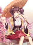  1girl absurdres brown_eyes brown_hair commentary_request flower highres holding holding_umbrella koutetsujou_no_kabaneri looking_at_viewer mumei_(kabaneri) neck_ribbon oriental_umbrella parted_lips purple_ribbon red_skirt rela_xixuegui ribbon short_twintails sitting skirt solo twintails umbrella wide_sleeves 