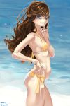  1girl bangs bikini blue_eyes blush brown_hair cowboy_shot dated from_side grin jewelry kokugo long_hair midriff navel necklace ocean original photo-referenced skinny slender_waist smile solo standing swimsuit twitter_username wavy_hair wind yellow_bikini 