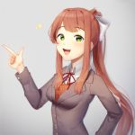  1girl :d artist_name brown_hair collared_shirt commentary doki_doki_literature_club english_commentary eyebrows_visible_through_hair green_eyes grey_background grey_jacket hair_ribbon highres index_finger_raised jacket long_hair looking_at_viewer monika_(doki_doki_literature_club) open_mouth ponytail ribbon sasoura school_uniform shirt sidelocks simple_background smile solo upper_body upper_teeth very_long_hair white_ribbon white_shirt wing_collar 