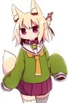  1girl animal_ear_fluff animal_ears bangs bell bell_collar blonde_hair blush brown_collar chestnut_mouth collar commentary_request cowboy_shot eyebrows_visible_through_hair fox_ears fox_girl fox_tail green_shirt hair_between_eyes hair_bun hair_ornament hand_up highres jingle_bell kemomimi-chan_(naga_u) long_hair long_sleeves naga_u orange_neckwear original parted_lips pleated_skirt purple_skirt red_eyes ribbon-trimmed_legwear ribbon_trim sailor_collar shirt sidelocks simple_background skirt sleeves_past_fingers sleeves_past_wrists solo tail tail_raised thigh-highs white_background white_legwear white_sailor_collar 