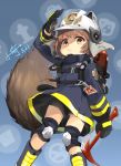  &gt;:( 1girl arknights arm_up axe bangs black_gloves black_shorts blue_background blue_footwear blue_jacket blush boots brown_eyes brown_hair commentary_request eyebrows_visible_through_hair firefighter frown gloves helmet highres holding holding_axe jacket knee_boots knee_pads long_sleeves looking_at_viewer shaw_(arknights) short_shorts shorts signature solo tail v-shaped_eyebrows visor white_headwear xiaoyu 