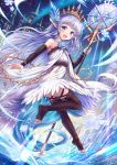  1girl :d bangs bare_shoulders blue_eyes blue_flower blue_hair blue_rose blush brown_legwear brown_sleeves commentary_request crystal detached_sleeves dress eyebrows_visible_through_hair flower full_body granblue_fantasy hair_flower hair_ornament highres holding holding_staff ice lily_(granblue_fantasy) long_sleeves looking_at_viewer looking_back no_shoes open_mouth pointy_ears rose sakura_ani sleeves_past_wrists smile snowflakes soles solo staff thigh-highs tiara toeless_legwear tower white_dress window 