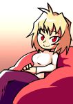 1girl ahoge arcueid_brunestud bean_bag_chair blonde_hair comfy commentary eyebrows_visible_through_hair gradient gradient_background hands_on_hips long_skirt purple_skirt red_eyes setz short_hair sitting skirt smile solo tsukihime