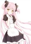  absurdres alternate_costume commentary_request dress dress_lift garter_straps gloves goddess_madoka highres kaname_madoka long_hair mahou_shoujo_madoka_magica maid mochiko_(uyu_omochi) pink_hair simple_background smile twintails very_long_hair white_gloves white_legwear yellow_eyes 