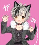  1boy animal_ears black_hair blush choker coat collarbone commentary_request dog_ears dog_tail earrings extra_ears fang fur_trim grey_hair jewelry looking_at_viewer masironot multicolored_hair necklace nijisanji paw_pose pink_background simple_background skin_fang suzuki_masaru tail v-shaped_eyebrows virtual_youtuber yellow_eyes 