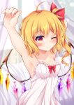  1girl ahoge arm_up armpits bangs bare_arms bare_shoulders blonde_hair blush bow breasts chemise collarbone commentary_request crystal curtains dress eyebrows_visible_through_hair flandre_scarlet hair_bow highres indoors long_hair looking_at_viewer medium_breasts miy@ no_hat no_headwear one_eye_closed one_side_up red_bow red_eyes solo spaghetti_strap strap_slip touhou upper_body white_dress wings 