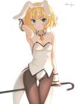  1girl alternate_costume animal_ears arm_up ass_visible_through_thighs bangs bare_shoulders blonde_hair blunt_bangs blush breasts brown_legwear bunnysuit cane closed_mouth collar collarbone commentary detached_collar dress eyebrows_visible_through_hair fake_animal_ears gochuumon_wa_usagi_desu_ka? green_eyes groin hairband hand_in_hair holding holding_cane kirima_sharo leotard pantyhose rabbit_ears signature small_breasts smile solo strapless strapless_dress umiroku white_collar white_dress white_hairband white_leotard wing_collar wrist_cuffs 