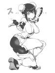  1girl ass bodysuit breasts double_bun fate/grand_order fate_(series) greyscale kingtime looking_at_viewer monochrome qin_liangyu_(fate) simple_background solo squatting white_background 