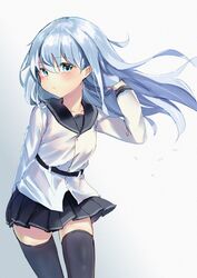  1girl absurdres belt black_legwear black_sailor_collar black_skirt blue_background blue_eyes gradient gradient_background hibiki_(kantai_collection) highres kantai_collection kure_(kure_ng) long_hair looking_at_viewer no_hat no_headwear pleated_skirt remodel_(kantai_collection) sailor_collar silver_hair skirt solo standing thigh-highs verniy_(kantai_collection) white_background 