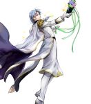  1boy alternate_costume bottle bow cape epaulettes fire_emblem fire_emblem:_rekka_no_ken fire_emblem_heroes flower full_body gloves grey_hair highres long_hair low_ponytail male_focus official_art pent rose sparkle transparent_background violet_eyes wada_sachiko 