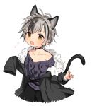  1boy animal_ears black_hair blush cat_ears cat_tail choker coat commentary_request earrings extra_ears fang fur_trim grey_hair jewelry long_sleeves looking_at_viewer masironot multicolored_hair nijisanji paw_print silver_hair simple_background sleeves_past_wrists suzuki_masaru tail virtual_youtuber white_background yellow_eyes 