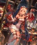  1girl artist_request bare_shoulders blonde_hair book boots candle candlestand choker church cross cygames demon_girl demon_horns demon_tail demon_wings detached_sleeves dress eyebrows_visible_through_hair fangs frills habit horns long_hair looking_at_viewer marcotte_heretical_sister official_art plant red_eyes rosary shadowverse tail thigh-highs thigh_boots vines wings 
