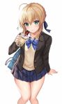  1girl ahoge artoria_pendragon_(all) bangs beige_vest black_jacket blazer blonde_hair blue_neckwear blue_skirt blush bow bowtie breasts bubble_tea casual collarbone collared_shirt commentary_request cup eyebrows_visible_through_hair fate/stay_night fate_(series) green_eyes hair_ribbon harimoji highres holding holding_cup jacket looking_at_viewer open_clothes open_jacket pleated_skirt ribbon saber school_uniform shirt sidelocks simple_background sitting skirt smile solo sparkle white_background white_shirt 