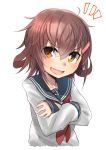  /\/\/\ 1girl anchor_symbol black_sailor_collar brown_hair commentary_request crossed_arms fang hair_ornament hairclip highres ikazuchi_(kantai_collection) kantai_collection looking_at_viewer neckerchief open_mouth red_neckwear sailor_collar school_uniform serafuku short_hair simple_background sleeve_cuffs smile solo v_r_dragon01 white_background 