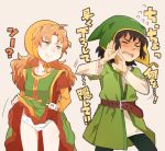  1boy 1girl belt black_hair blush breasts closed_mouth commentary_request curly_hair dragon_quest dragon_quest_vii dress dress_lift green_eyes hat hero_(dq7) hood long_hair maribel_(dq7) open_mouth panties redhead simple_background smile underwear yucopi 