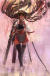  1girl akagi_(kantai_collection) bangs black_legwear blush bow_(weapon) brown_hair flight_deck full_body hakama hakama_skirt highres holding holding_bow_(weapon) holding_weapon japanese_clothes kantai_collection katana long_hair lynchis muneate red_skirt remodel_(kantai_collection) skirt solo sword tasuki thigh-highs weapon 