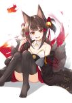  1girl absurdres akagi-chan_(azur_lane) akagi_(azur_lane) animal_ears arm_up azur_lane bell black_hair black_kimono black_legwear breasts commentary_request convenient_leg fang fox_ears fox_tail hair_ornament highres japanese_clothes jingle_bell kimidori3_karla kimono miniskirt multiple_tails off_shoulder open_mouth red_eyes red_skirt ribbon short_hair simple_background skirt small_breasts smile solo tail thigh-highs twintails white_background 