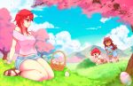  :d ^_^ bare_shoulders basket blue_dress blue_sky breasts brown_hair bush cherry_blossoms child closed_eyes clouds commentary commission day dress easter_egg eba_rin egg english_commentary grass green_eyes kimi_no_iru_machi looking_away medium_hair mountain mountainous_horizon nature open_mouth outdoors petals pink_shirt profile red_eyes redhead rtil shirt short_shorts shorts sitting sky smile tree 