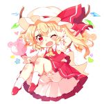  1girl animal_balloon arm_up ascot balloon blonde_hair bloomers blush bow_legwear chibi crystal fang flandre_scarlet full_body hat hat_ribbon looking_at_viewer mob_cap one_eye_closed one_side_up open_mouth paragasu_(parags112) petticoat puffy_short_sleeves puffy_sleeves red_eyes red_ribbon red_skirt red_vest ribbon shirt shoes short_hair short_hair_with_long_locks short_sleeves simple_background skirt skirt_set smile socks solo star touhou underwear upskirt vest white_background white_legwear white_shirt wings wrist_cuffs 