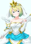  1girl bare_shoulders blonde_hair blue_eyes blue_hair bride closed_mouth commentary_request crown dress earrings fire_emblem fire_emblem_heroes fjorm_(fire_emblem_heroes) flower hair_flower hair_ornament holding holding_staff jewelry lillian8710 multicolored_hair short_hair simple_background smile solo staff strapless strapless_dress upper_body veil wedding_dress white_dress 