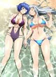  2girls bikini black_ribbon blue_bikini blue_eyes blue_hair breasts casual_one-piece_swimsuit chouun_shiryuu closed_eyes collarbone eyepatch floating_hair from_above highres holding_hands ikkitousen large_breasts long_hair looking_at_viewer lying mole mole_under_mouth multiple_girls navel on_back one-piece_swimsuit purple_swimsuit ribbon ryomou_shimei shiny shiny_hair short_hair side-tie_bikini silver_hair smile swimsuit under_boob very_long_hair 