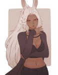  1girl animal_ears breasts dark_skin final_fantasy final_fantasy_xii fran jacket koyorin lips long_hair looking_at_viewer midriff navel pants rabbit_ears red_eyes revealing_clothes solo viera white_hair 