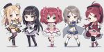  5girls akemi_homura akemi_homura_(cosplay) bangs black_legwear blonde_hair blue_eyes blunt_bangs blush chibi cosplay dress fortissimo fortissimo_hair_ornament gloves green_eyes grey_hair hair_ornament highres kaname_madoka kaname_madoka_(cosplay) kurosawa_dia kurosawa_ruby long_hair looking_at_viewer love_live! love_live!_sunshine!! mahou_shoujo_madoka_magica miki_sayaka miki_sayaka_(cosplay) multiple_girls ohara_mari open_mouth pantyhose pleated_skirt redhead sakura_kyouko sakura_kyouko_(cosplay) sakurauchi_riko short_hair short_sleeves simple_background skirt smile standing thigh-highs tomoe_mami tomoe_mami_(cosplay) watanabe_you yellow_eyes 