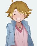  1boy ahoge brown_hair closed_eyes earrings grin jacket jewelry male_focus nakafuji_eiji necklace oozora_rei pink_shirt shinkansen_henkei_robo_shinkalion shirt smile solo 