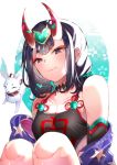  1girl bare_shoulders bob_cut breasts commentary fate/grand_order fate_(series) hazu_t looking_down off_shoulder oni oni_horns purple_hair red_ribbon ribbon short_eyebrows short_hair shuten_douji_(fate/grand_order) shuten_douji_(halloween_caster)_(fate) small_breasts smile solo violet_eyes 