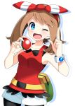  1girl ;d bag bangs bike_shorts black_shorts blue_eyes bow bracelet brown_hair collarbone cowboy_shot eyebrows_visible_through_hair hair_bow hairband haruka_(pokemon) highres holding holding_poke_ball jewelry long_hair looking_at_viewer one_eye_closed open_mouth poke_ball poke_ball_(generic) pokemon pokemon_(game) pokemon_oras red_bow red_hairband red_shirt shadow shirt short_shorts shorts shorts_under_shorts simple_background sleeveless sleeveless_shirt smile solo standing striped striped_bow swept_bangs white_background white_shorts yuihiko 