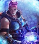  1girl blue_eyes blue_gloves breasts commission eyelashes geirahod gloves gun highres holding holding_gun holding_weapon huge_weapon lips medium_breasts muscle muscular_female nose overwatch particle_projector_cannon pink_hair realistic scar scar_across_eye short_hair sleeveless solo very_short_hair weapon zarya_(overwatch) 