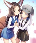  2girls animal_ear_fluff animal_ears black_hair black_neckwear black_skirt blade_&amp;_soul blue_dress blue_eyes blue_neckwear brown_eyes brown_hair bunny_tail cabbie_hat cherry_blossoms commentary commission dress face-to-face forehead fox_ears fox_tail hat highres holding_hands long_hair looking_at_viewer low_twintails lyn_(blade_&amp;_soul) multiple_girls multiple_tails necktie nyangvh petals pinafore_dress rabbit_ears ribbon shirt skirt smile tail twintails white_shirt 