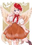  1girl akagashi_hagane bird blonde_hair boots brown_footwear chick commentary_request dress eyebrows_visible_through_hair feathered_wings looking_at_viewer multicolored_hair neckerchief niwatari_kutaka open_mouth orange_dress outline puffy_short_sleeves puffy_sleeves red_eyes red_neckwear redhead short_hair short_sleeves solo tail tail_feathers touhou two-tone_hair white_outline wings 