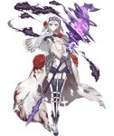  1girl asymmetrical_bangs bangs bare_shoulders blood bloody_clothes boots breasts crystal elbow_gloves expressionless eyebrows_visible_through_hair floral_print flower full_body garter_straps gloves grey_eyes habit ji_no looking_at_viewer medium_breasts midriff official_art rose sinoalice skirt smoke snow_white_(sinoalice) staff thigh-highs thigh_boots torn_clothes transparent_background waist_cape white_hair 