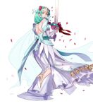  1girl aqua_eyes aqua_hair bare_shoulders bridal_veil bride dress feather_trim fire_emblem fire_emblem:_souen_no_kiseki fire_emblem_heroes flower full_body hair_ornament headpiece high_heels highres holding holding_sword holding_weapon leg_up long_hair looking_away official_art open_mouth petals pikomaro sigrun solo strapless strapless_dress sword torn_clothes torn_dress transparent_background veil weapon wedding_dress white_dress 