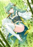  1girl blush commentary_request dragon_girl dragon_horns eyebrows_visible_through_hair fan fate/grand_order fate_(series) flower green_hair highres holding holding_fan horns japanese_clothes kimono kiyohime_(fate/grand_order) long_hair looking_at_viewer morizono_shiki obi sash smile solo thigh-highs white_legwear yellow_eyes 
