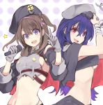  2girls azur_lane bandeau beret blue_eyes breasts brown_hair capelet commentary_request gloves hat heterochromia iron_cross long_hair marshall2033 medium_breasts microphone multiple_girls navel open_mouth pentagram purple_hair red_eyes ribbon sideboob smile v violet_eyes z35_(azur_lane) z36_(azur_lane) 