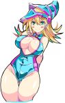  1girl aqua_eyes arm_behind_back ass_visible_through_thighs bangs bare_shoulders blonde_hair blue_headwear blue_swimsuit blush_stickers breasts center_opening closed_mouth covered_navel dark_magician_girl duel_monster enpe eyebrows_visible_through_hair hair_between_eyes hand_up hat highres large_breasts long_hair looking_at_viewer one-piece_swimsuit pentacle simple_background smile solo swimsuit thigh_gap thighs white_background wizard_hat yuu-gi-ou yuu-gi-ou_duel_monsters 