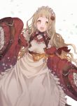  1girl alternate_costume apron belt blonde_hair choker commentary_request dress enmaided eyebrows_visible_through_hair floral_print flower frills hair_flower hair_ornament hair_ribbon harness little_red_riding_hood_(sinoalice) lock long_hair maid maid_apron maid_headdress orange_eyes padlock petals ribbon sinoalice sleeves_past_wrists solo upper_teeth user_haec3373 white_background 