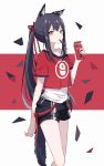  1girl animal_ears arknights black_hair black_shorts captain_yue crop_top food food_in_mouth hair_ribbon long_hair looking_at_viewer mouth_hold pocky ponytail red_background red_ribbon red_shirt ribbon shirt short_shorts short_sleeves shorts solo tail tank_top texas_(arknights) two-tone_background very_long_hair white_background white_tank_top 