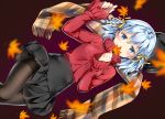  1girl autumn_leaves bangs black_skirt blue_eyes blue_hair blurry blush braid breasts brown_legwear brown_scarf covering_mouth depth_of_field dutch_angle fringe_trim hair_ribbon high-waist_skirt holding long_sleeves looking_at_viewer miniskirt natsume_eri original pantyhose pinching_sleeves plaid plaid_scarf pleated_skirt red_sweater ribbon scarf short_hair skirt sleeves_past_wrists small_breasts solo sweater turtleneck turtleneck_sweater twin_braids yellow_ribbon 