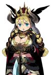 1girl armor blonde_hair blue_eyes braid breasts cape earrings enrica_(sekaiju) gloves helmet himukai_yuuji horns jewelry large_breasts long_hair midriff navel open_mouth sekaiju_no_meikyuu sekaiju_no_meikyuu_x simple_background solo twin_braids twintails white_background