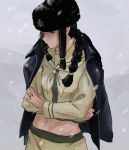  1girl anchor black_hair braid closed_mouth commentary_request crossed_arms fur_hat hair_over_shoulder hat highres jacket jacket_on_shoulders jewelry kantai_collection kitakami_(kantai_collection) long_hair long_sleeves navel neckerchief papakha remodel_(kantai_collection) ring sailor_collar school_uniform serafuku sidelocks single_braid skirt snow solo wedding_band zippo_teifujou 
