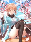  1girl :o absurdres ahoge arm_guards ass black_bow black_legwear black_panties black_scarf blonde_hair blue_sky blush bow breasts brown_eyes cherry_blossoms clouds cloudy_sky day fate/grand_order fate_(series) feet_out_of_frame flower hair_bow half_updo hand_up haori highres holding holding_flower huge_filesize japanese_clothes kimono knees_up looking_at_viewer medium_breasts niji_(rudduf232) obi okita_souji_(fate) okita_souji_(fate)_(all) outdoors panties parted_lips petals sash scarf shinsengumi short_hair short_kimono sitting sky solo thigh-highs thighs tree underwear white_kimono 