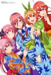  5girls absurdres ahoge bangs blue_eyes blush breasts eyebrows_visible_through_hair go-toubun_no_hanayome hair_between_eyes hair_ornament headphones headphones_around_neck highres japanese_clothes kimono long_hair looking_at_viewer megami multiple_girls nakano_ichika nakano_itsuki nakano_miku nakano_nino nakano_yotsuba noguchi_takayuki official_art redhead star star_hair_ornament yukata 