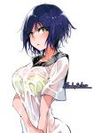  1girl absurdres blue_hair blush bra funkysatou highres looking_at_viewer nijisanji open_mouth see-through shizuka_rin short_hair simple_background solo underwear virtual_youtuber wet wet_clothes white_background yellow_bra yellow_eyes 