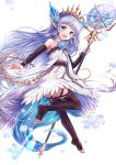  1girl :d bangs bare_shoulders blue_eyes blue_flower blue_hair blue_rose blush brown_legwear brown_sleeves crystal detached_sleeves dress eyebrows_visible_through_hair flower full_body granblue_fantasy hair_flower hair_ornament highres holding holding_staff lily_(granblue_fantasy) long_sleeves looking_at_viewer looking_back no_shoes open_mouth pointy_ears rose sakura_ani simple_background sleeves_past_wrists smile snowflakes soles solo staff thigh-highs tiara toeless_legwear white_background white_dress 